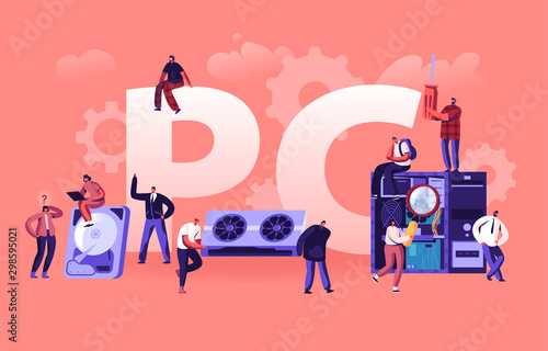 Pc Hardware Concept. Information Technology Engineers Repairing Personal Computer System Components. Recovery Warranty Fixing Service Poster Banner Flyer Brochure. Cartoon Flat Vector Illustration