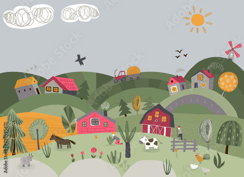 Vector illustration of rural landscape with cute hand drawn farm animals, trees, country houses, tractor, mill.