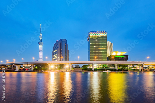 Cityscape of Tokyo skyline  panorama view of office building at Sumida river in Tokyo in the evening. Japan  Asia.