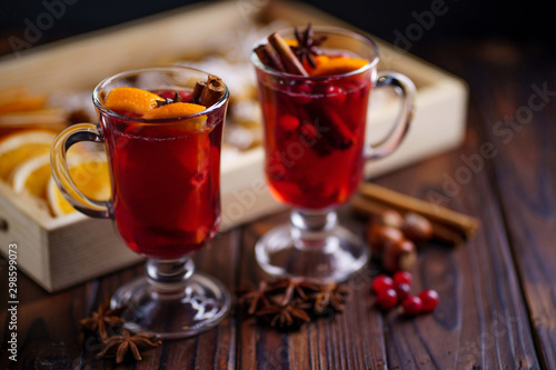 Mulled wine with cranberry, cinnamon, orange and anise. Christmas or New Year traditional wine, hot drink