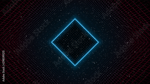 Newretrowave blue neon rhombus frame with blue pink laser perspective grid tunnel and blue laser grid in the end on starry space background. Retrofuturistic cyber laser landscape.