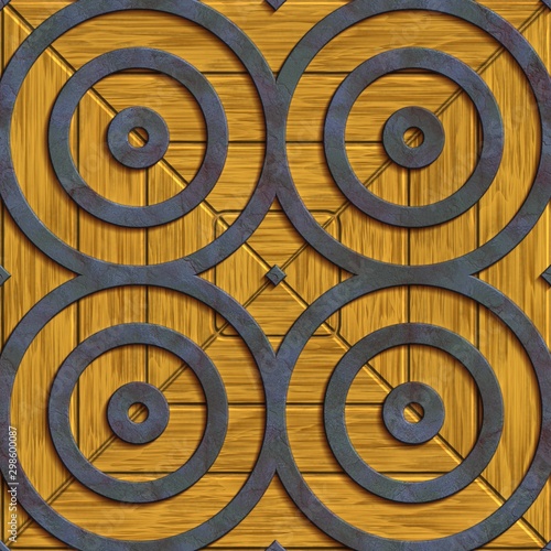 3D render seamless background tile with metal element on wood