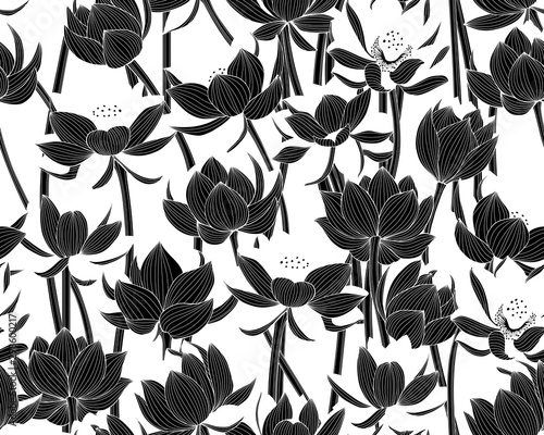 Floral black and white pattern with Lotus flowers. Seamless vector ornament.