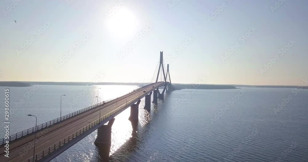 Aerial shot of cars driving over massive bridge construction in Vaasa, Finland, Northern Europe