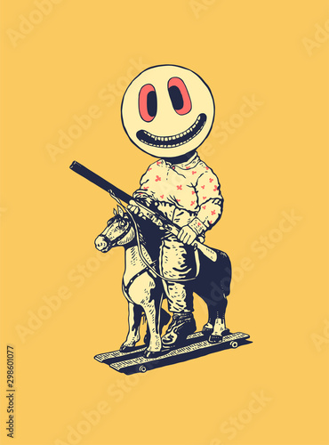 Retro boy on a toy wooden horse with emoticon instead of face. Vector illustration.