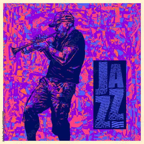 Jazz Music.  Design CD Cover Or Poster with Trumpeter. Vector Illustration.