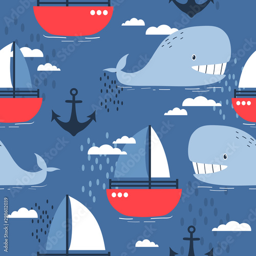 Happy whales, sea anchors and boats, hand drawn seamless pattern. Marine background vector. Colorful illustration, overlapping backdrop. Decorative cute wallpaper, good for printing