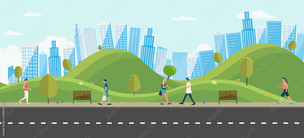 People with public park in city.Beautiful scene park and man walking ...