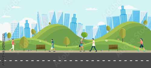 People with public park in city.Beautiful scene park and man walking.People leisure activities in park.Lifestyle relaxed in town vector illustration.Urban scene with nature.