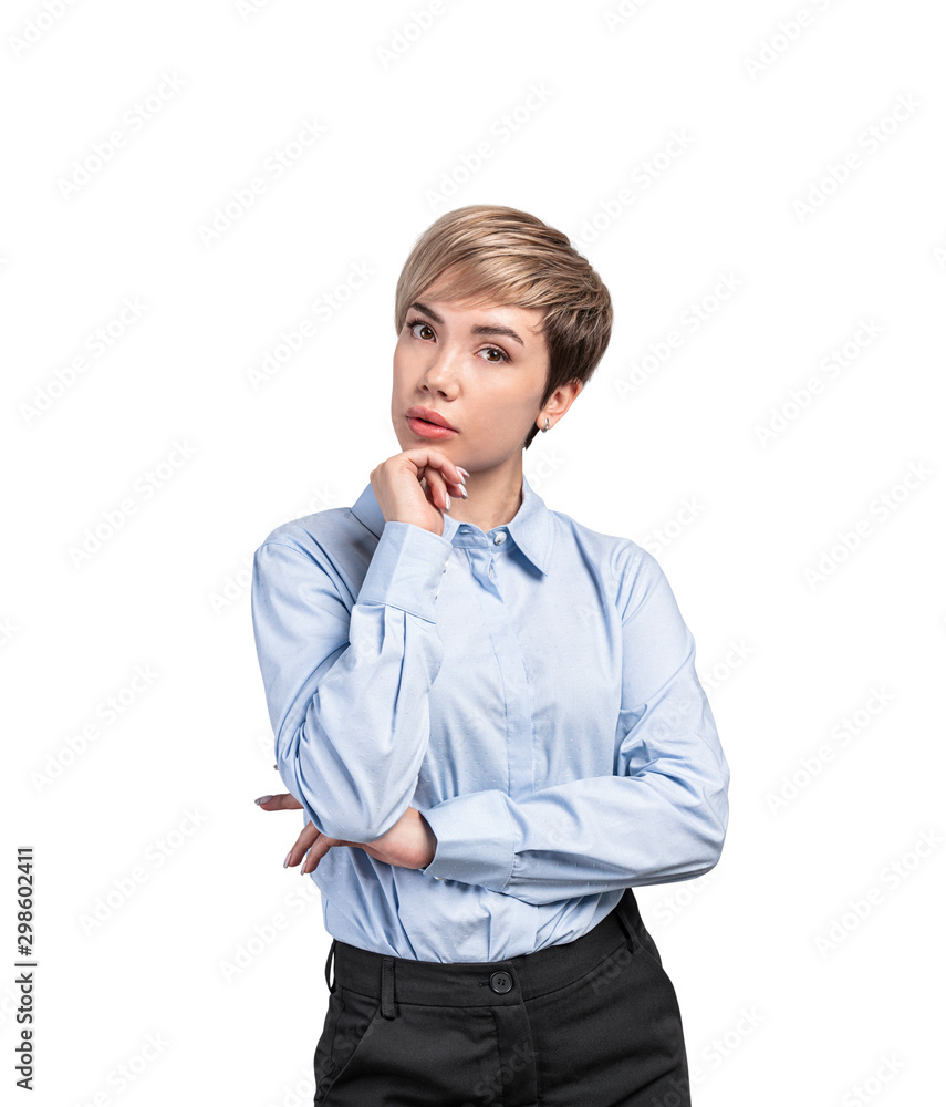 Thoughtful young businesswoman, isolated portrait Thoughtful young businesswoman, isolated portrait