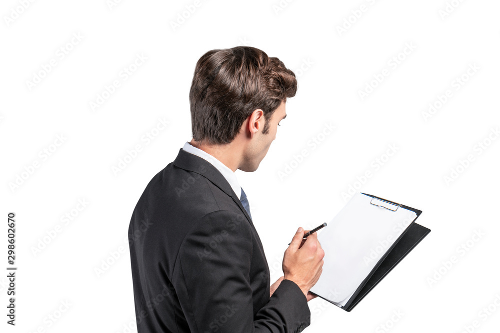 Handsome young businessman with clipboard Handsome young businessman with clipboard