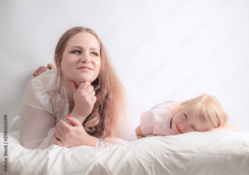 daughter and her mother looking thoughtfully into the distance are happy together. Save the space. daughter and her mother looking thoughtfully into the distance are happy together. Save the space.
