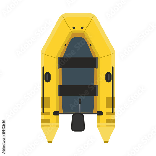 Inflatable boat top view vector icon equipment. Yellow water travel river ship. Fishing vessel adventure motor raft