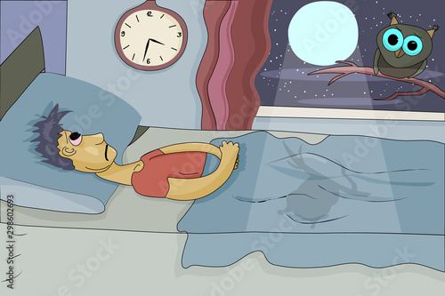 Sleepless man lying in bed. Insomnia. Cartoon old man having trouble sleeping vector illustration. Tired man suffer from sleeping disorder, insomnia, sleeplessness, fatigue. Concept of insomnia