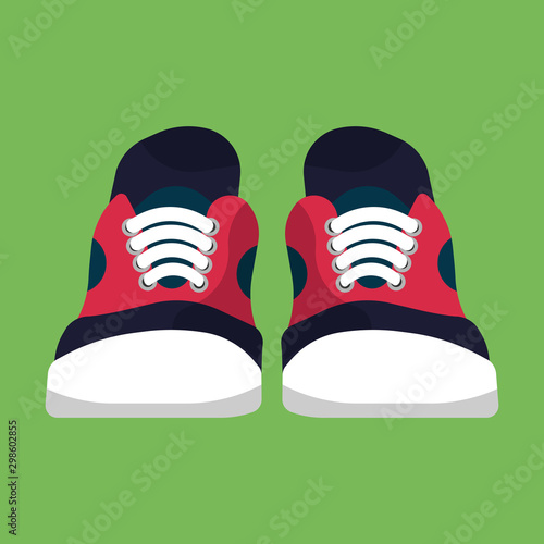 Sneaker shoe front view vector red icon. Sport pair fashion design footwear athletic clothing running. Exercise boot set