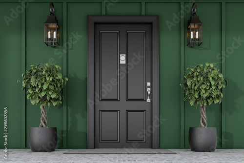 Leinwand Poster Black front door of green house with trees