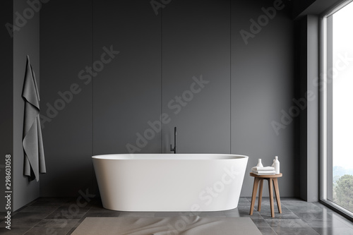 Gray bathroom interior with bathtub