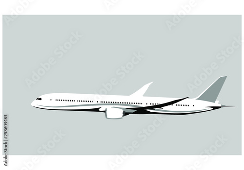 Boeing 787 Dreamliner. Flying airplane, takeoff airliner, commercial jet aircraft, airliner. Vector illustration. Vector template. photo