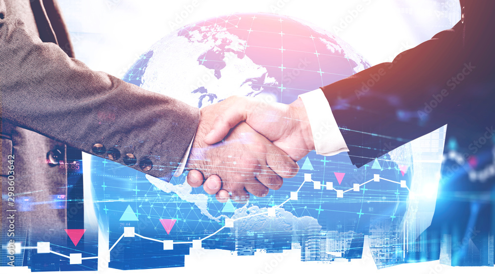 Handshake in city, international partnership Handshake in city, international partnership