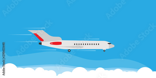 Plane fly in cloud sky illustration banner concept. Travel tourism jet direction holiday flat. Cartoon commercial passenger vehicle