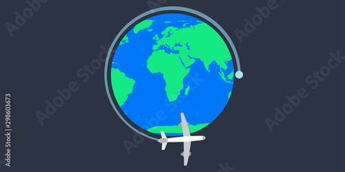 World Earth tavel plane vector illustration. Globe map flight journey tourism. Around tour adventure international cruise worldwide