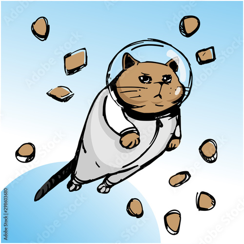 Cat astronaut flying into space. flying feed pads around the cat.animal food trendy print. healty pet life. vector illustration