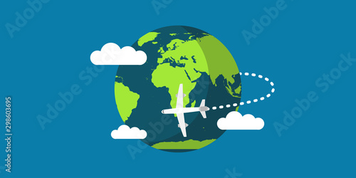 Travel plane world earth vector illustration travel map concept. Fly around golbe planet vacation trip direction network