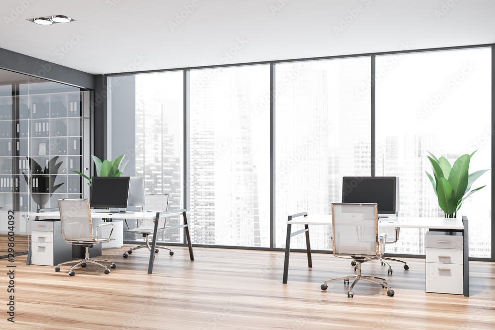 Workplace in panoramic gray office Workplace in panoramic gray office