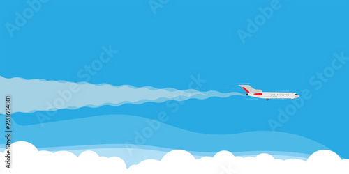 Plane fly in cloud sky illustration banner concept. Travel tourism jet direction holiday flat. Cartoon commercial passenger vehicle