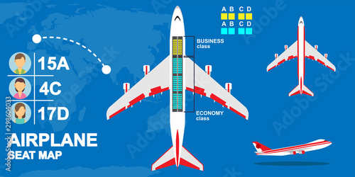 Seat map airplane class illustration vector. Airline tour trip passenger charter chair. Information ride international transit plane