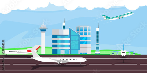 Airport vector illustration arrival departure travel. Terminal airplane control building. Flat architecture banner security station customs trip. Flight air sky concept