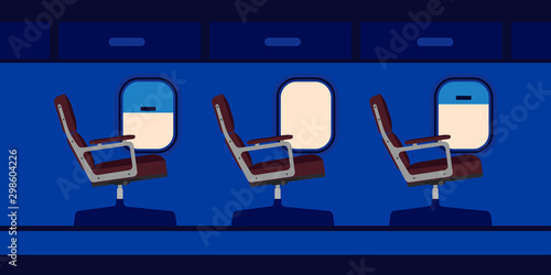 Plane cabin passenger seat illustration vector. Blue travel aircraft cartoon interior jet with window. Flat chair inside economy class salon aisle. Airplane journey tour.