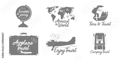 Travel lettering label vector adventure design. Vacation tourism emblem calligraphy badge. Cruise vintage tour airplane black silhouette trip