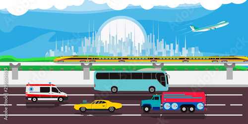 Cityscape traffic urban illustration vector background. Modern street car downtown skyline landscape cartoon. Flat scene panorama banner. Art metropolis highway