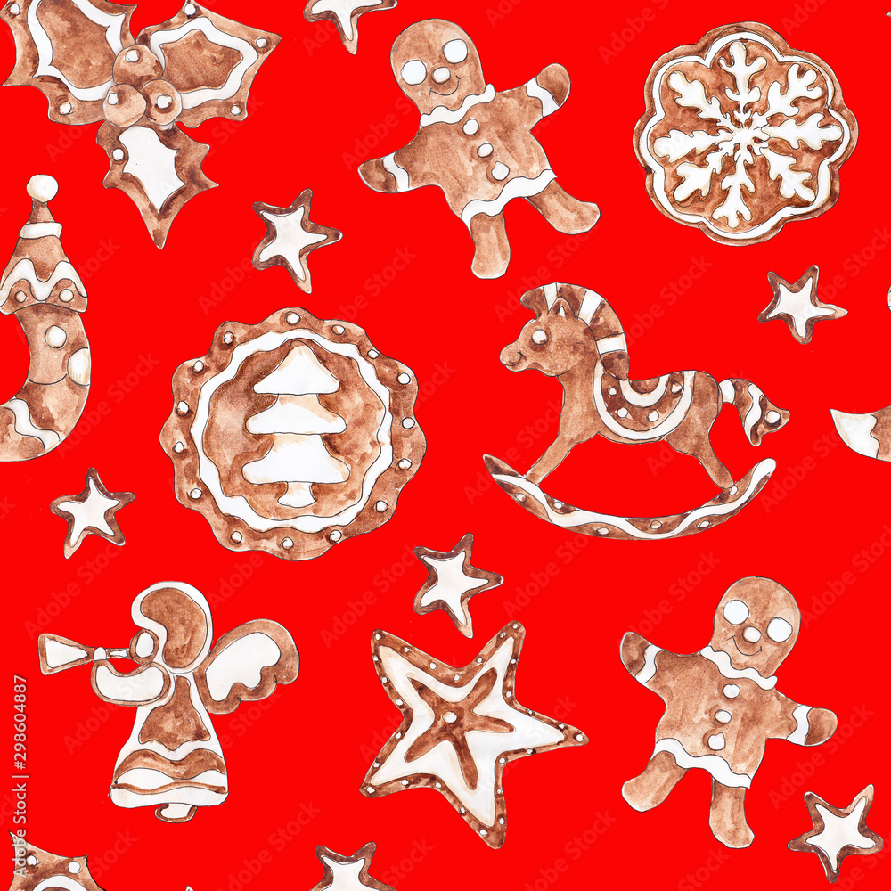 Christmas Gingerbread cookies  watercolor  hand drawn artistic vintage seamless pattern