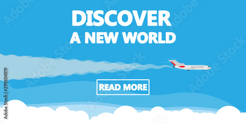Discover a new world vector illustration background concept airplane. Business vacation travel banner. Global trip adventure template. Summer cartoon cover worldwide academy