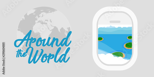 Around the World vector travel illustration background. Airplane global tour holiday vacation trip banner. Cruise adventure summer journey recreation dream. Business plane