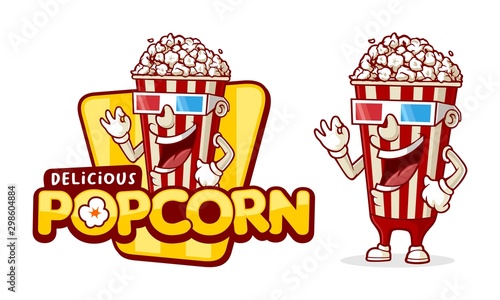 Delicious popcor logo template, with funny character cartoon use 3d sunglasess
