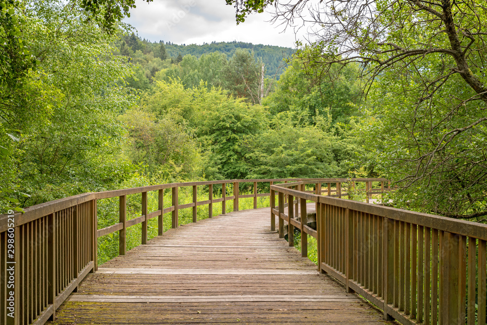 Wooden bridge over a field with meadow and wooded hills Wooden bridge over a field with meadow and wooded hills