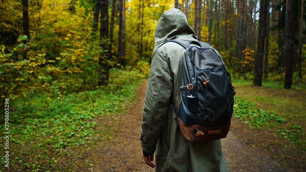 A man with backpack walks in the amazing autumn forest. Hiking alone along autumn forest paths. Travel concept.