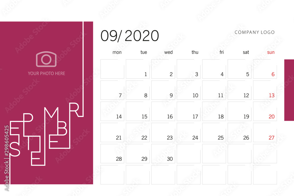 Calendar planner template for 2020 year September with modern line ...