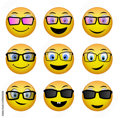 Yellow round bespectacled smiling characters. Faces isolated on a white background.