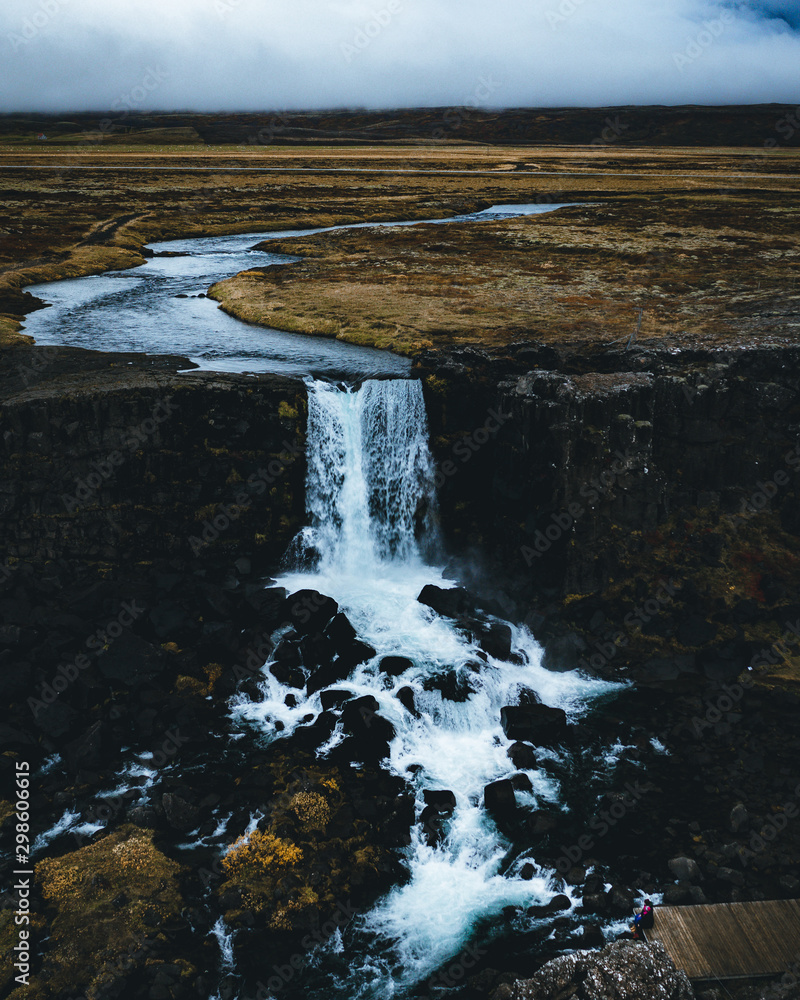Waterfall in Iceland on a cloudy day