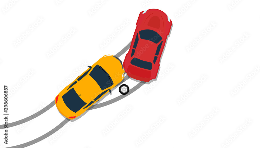 Car crash accident top view vector insurance illustration. Down broken claim automobile isolated icon. Flat driving street hit collision traffic. Wreck disaster smash crush. Safety concept Car crash accident top view vector insurance illustration. Down broken claim automobile isolated icon. Flat driving street hit collision traffic. Wreck disaster smash crush. Safety concept