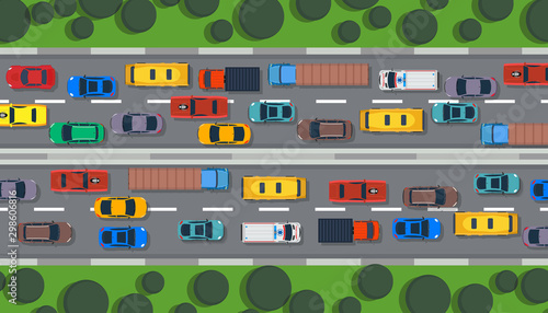 Traffic road vector top view highway city car. Street flat vehicle map infographic lane illustration. Transport control urban. Truck travel direction line concept. Roadside speedway trip route