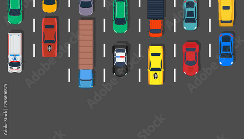 Traffic jam car top view vector illustration road. Lot street city aerial asphalt design highway. Transportation background travel urban. Busy hour line concept stuck truck. Freeway transit metropolis