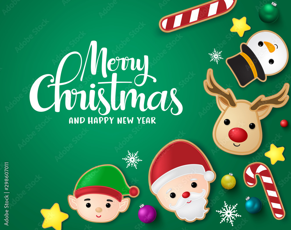 Christmas elements in green background vector banner template. Merry christmas greeting card with santa claus, reindeer, candy cane, snowman, stars, balls and snowflakes xmas elements in green. Christmas elements in green background vector banner template. Merry christmas greeting card with santa claus, reindeer, candy cane, snowman, stars, balls and snowflakes xmas elements in green.
