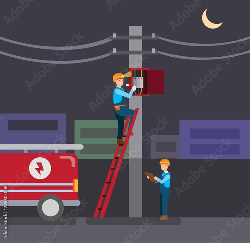 electrician reparing electrical panel, city blackout in night