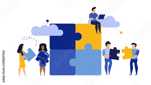 Puzzle team work vector illustration concept partner. Partnership teamwork business people collaboration together vector design. Concept jigsaw part solution group connect. Cooperation strategy idea