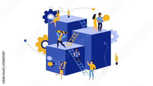 Employee leader building virtual business in action illustration. Career success development grow vector allocation. Future forward teamwork character. Online work global cooperation efficient
